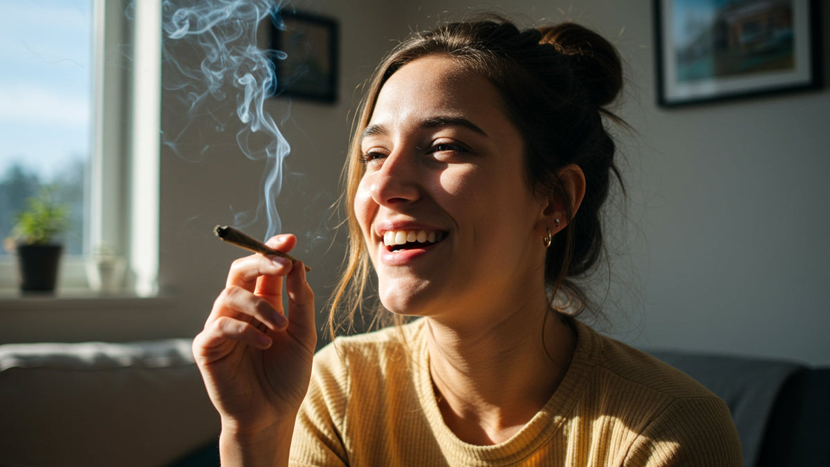 Woman smoking a nine realms 10 oh hhc joint in the living room