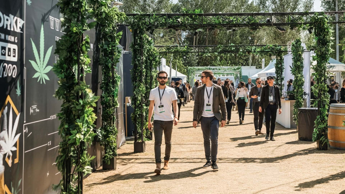 Nine Realms team walking in an outdoors Cannabis festival