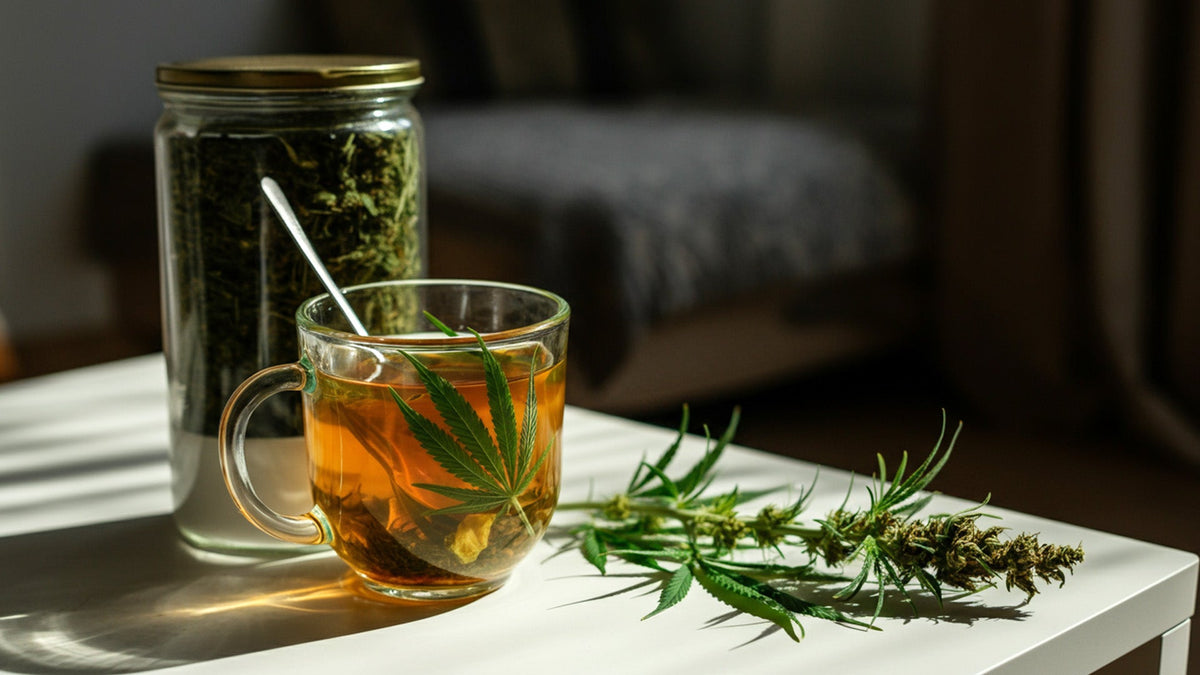 nine realms cannabis tea in a coffee mug on the table
