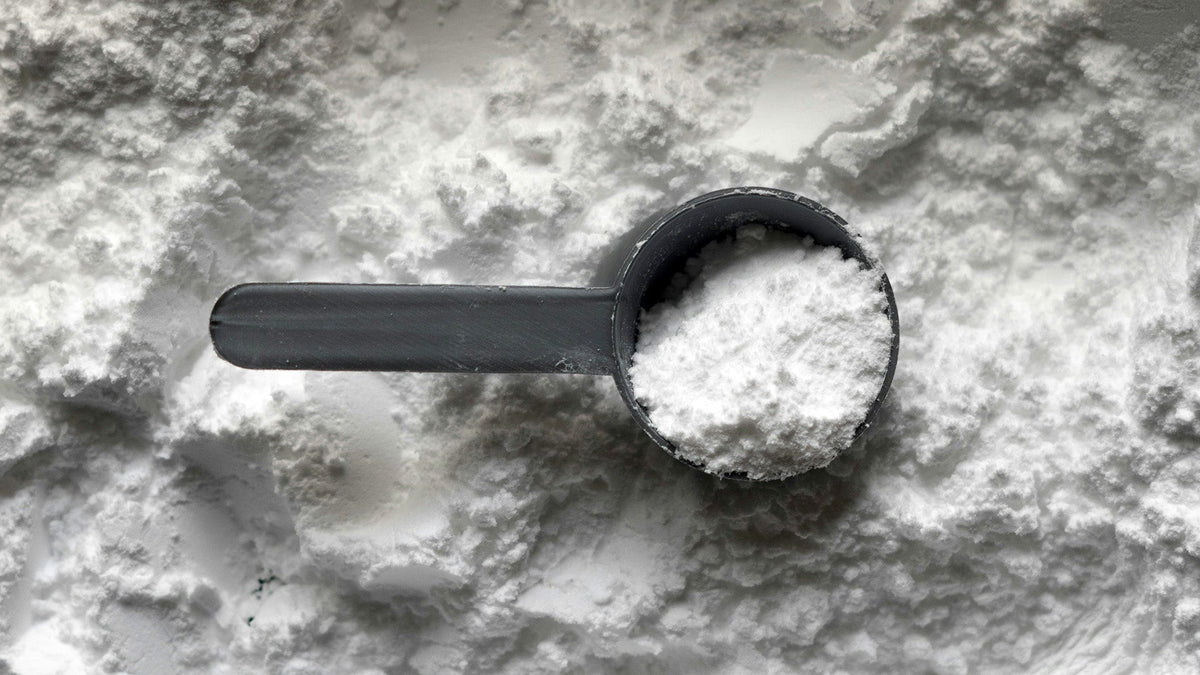 Nine Realms CBG Isolate powder with a grey plastic spoon