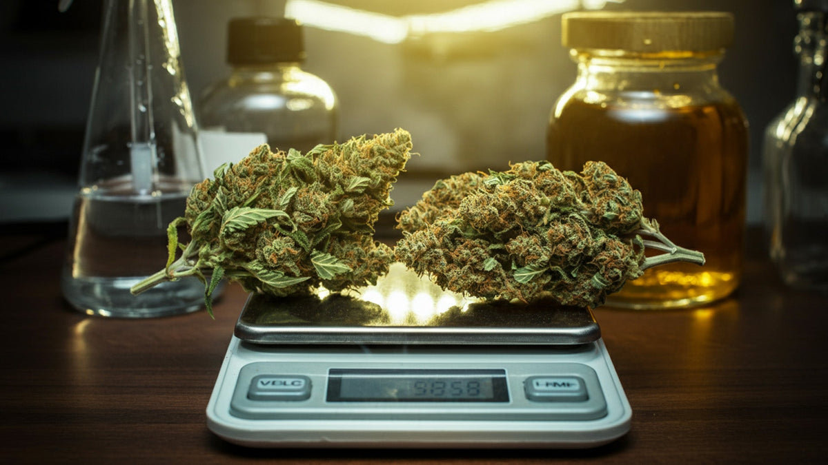 Nine realms cannabis buds on scales with glass bottles and light in the background
