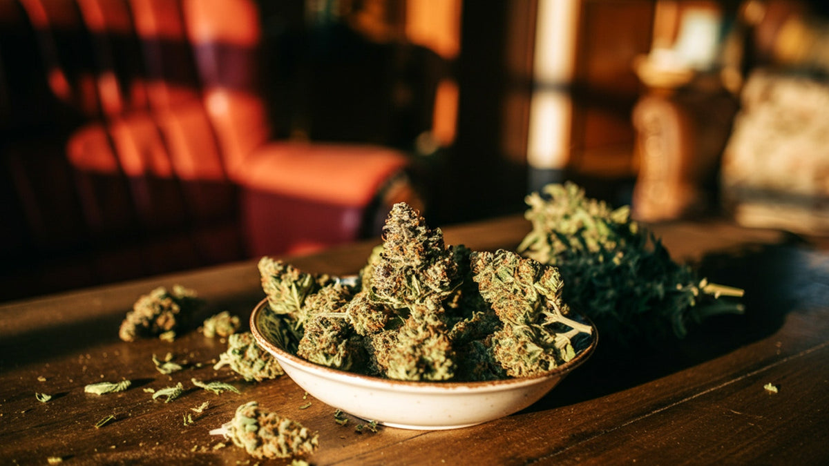 Nine realms cannabis flower sitting in a bowl