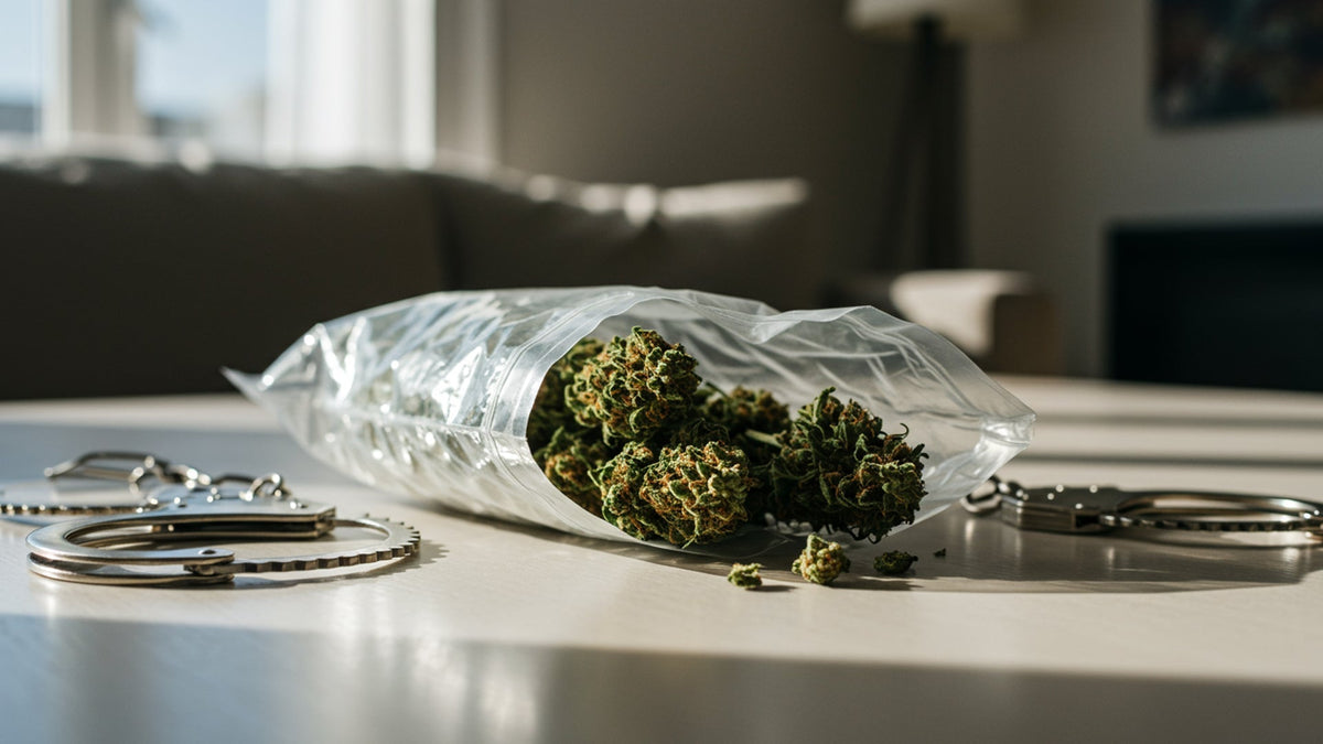 Nine Realms cannabis flower buds in a plastic bag on the table with handcuffs nearby