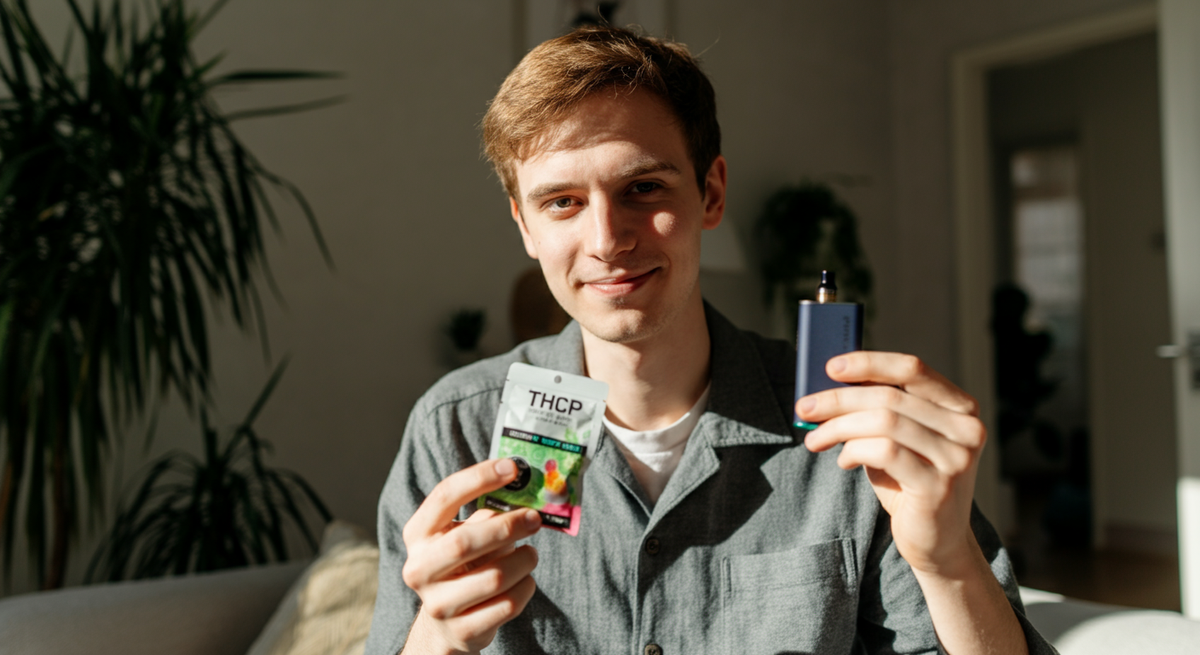 man holding nine realms thcp gummies and vape in his hands