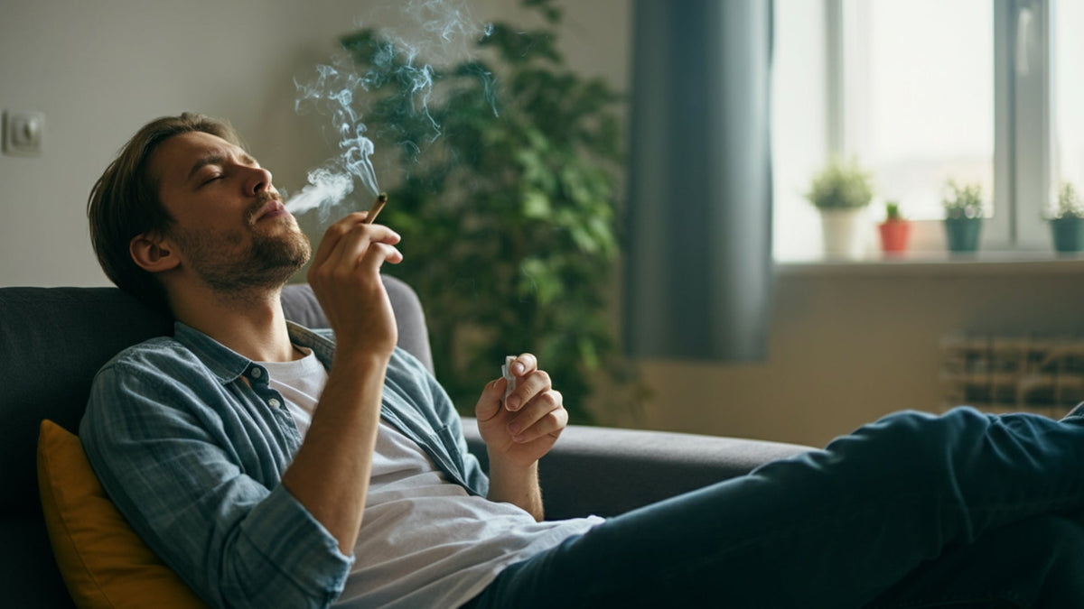 Nine Realms customer laying on the sofa and smoking a joint