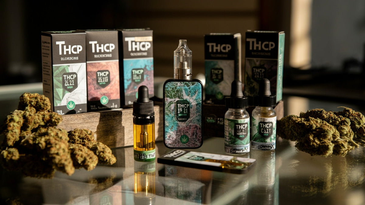 Different nine realms THCP products on a glass table
