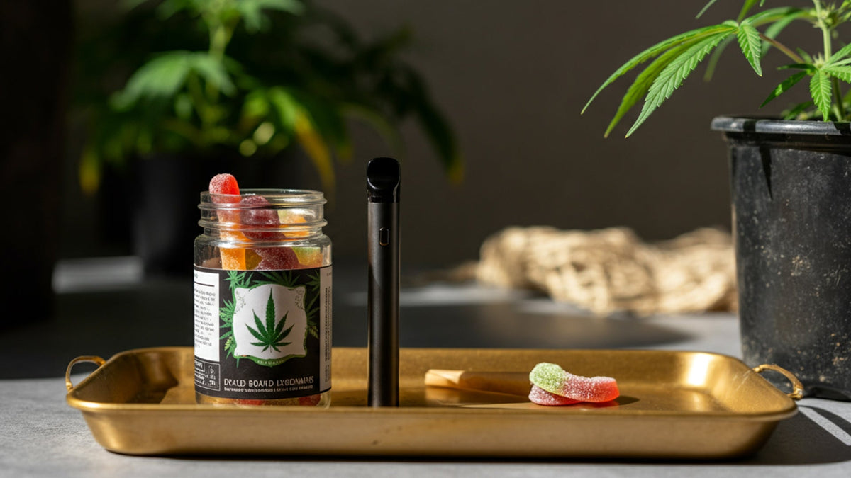 nine realms cannabis gummies and a disposable vape on a golden tray