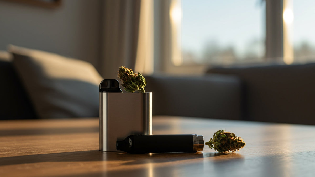 Nine Realms 10-OH-HHCP vape with cannabis flower buds on the table in the living room