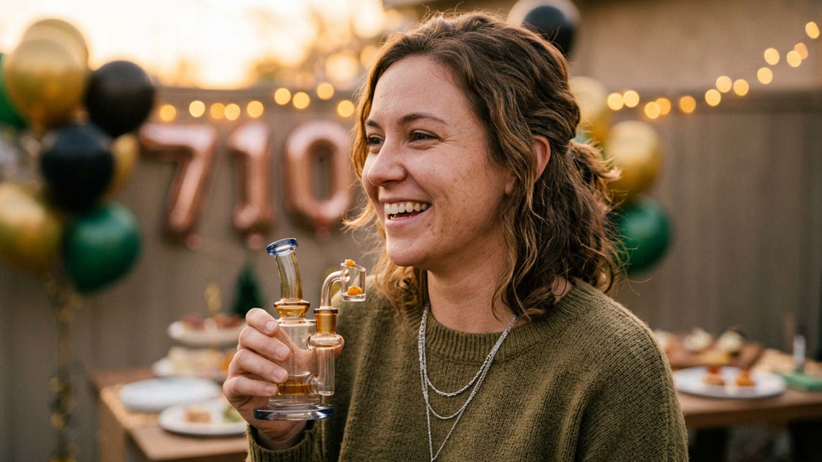 Woman holding a dab rig with Nine Realms wax in it while celebrating 710 day in the backyard