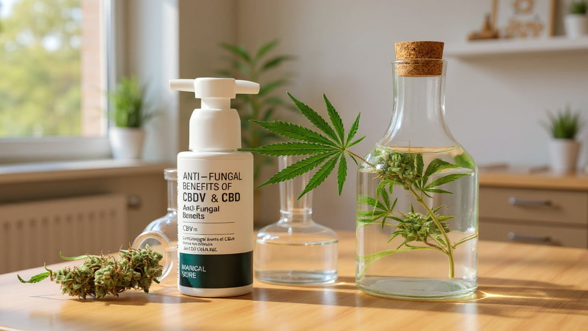 nine realms CBD flower on the table with glass bottles and a plastic container