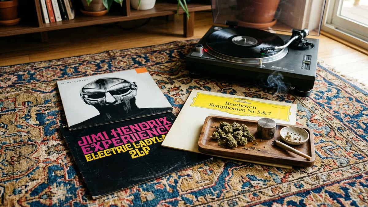 Different Vinyl LPs on a persian rug with a wooden rolling tray and Nine Realms cannabis flower