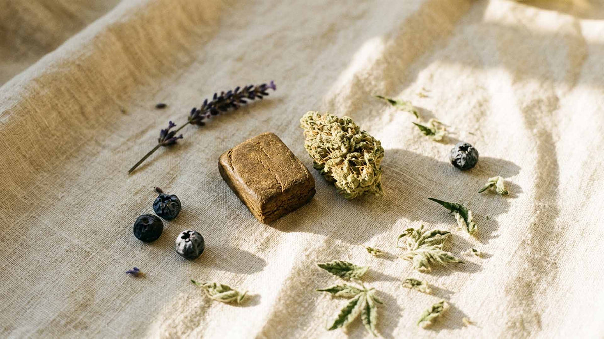 Blue magic hash with blue magic cannabis flower strain from Nine Realms on a linen fabric