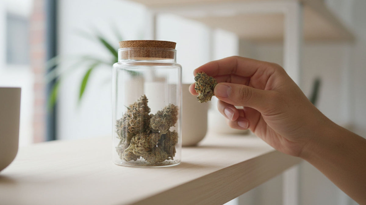 Nine Realms CBDP flower in a glass jar in a store