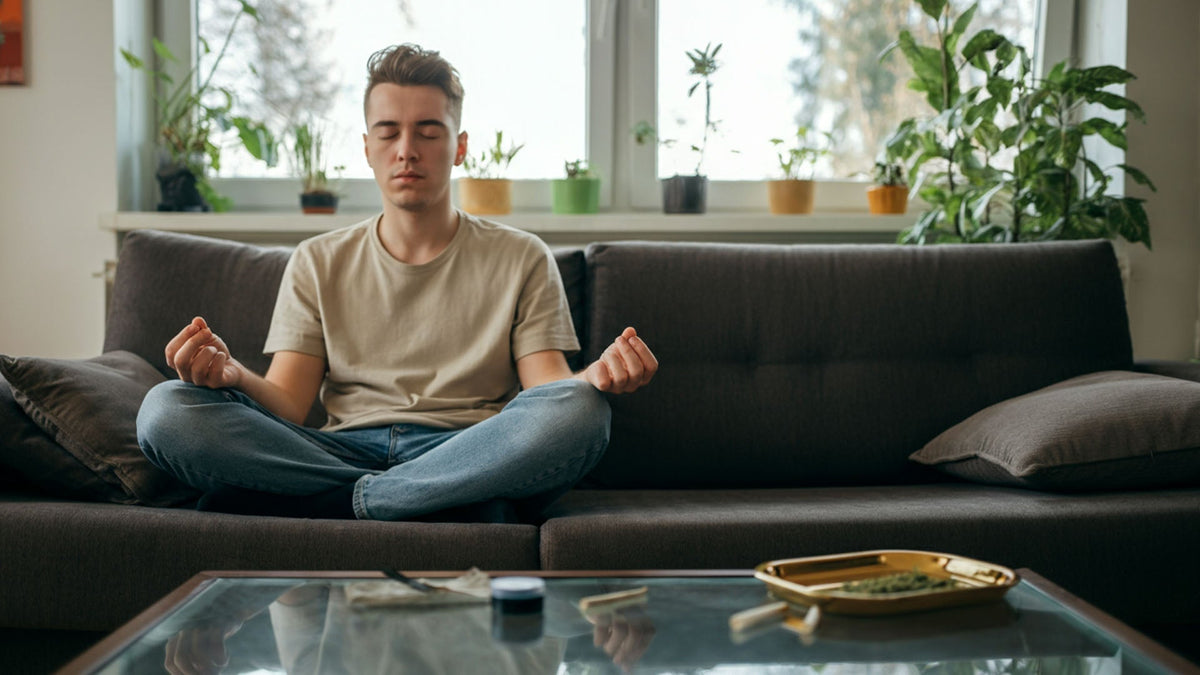 Cannabis and meditation combination with a nine realms customer on a couch