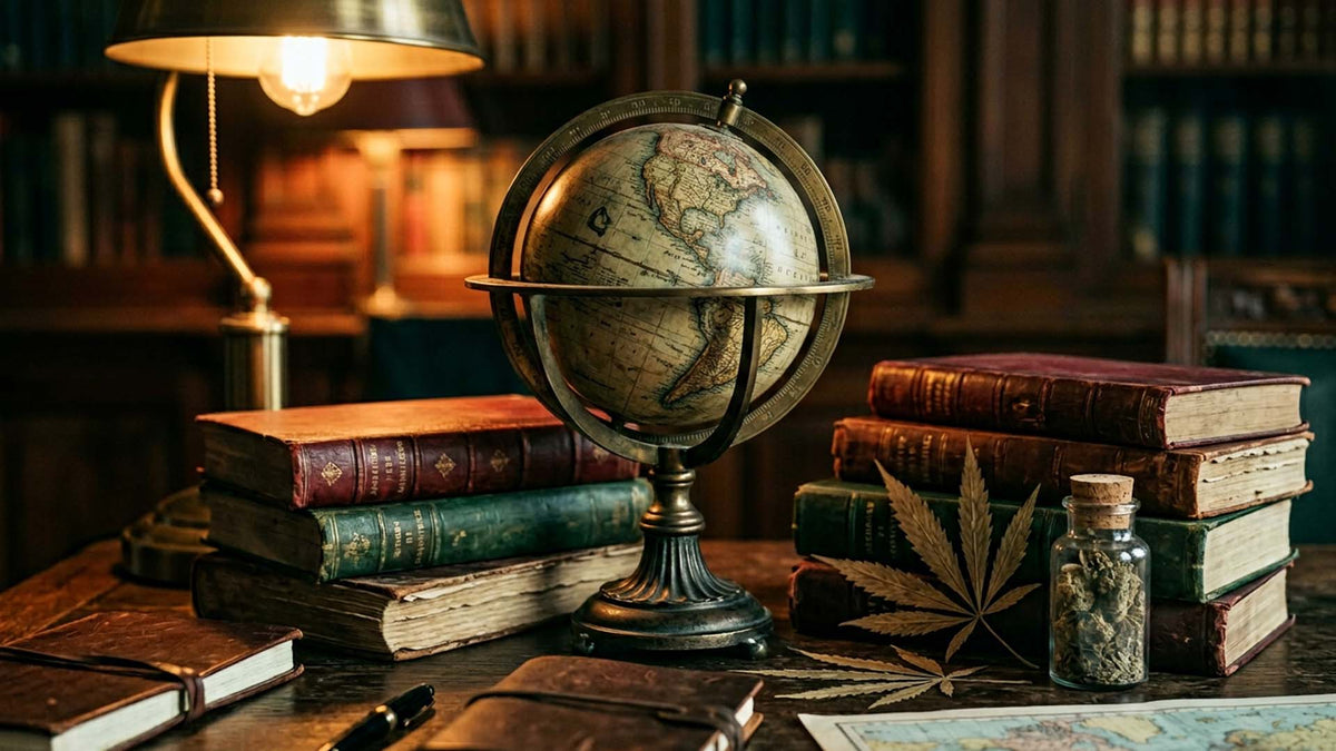 Biggest Cannabis Consuming Countries on a vintage globe in Nine Realms library