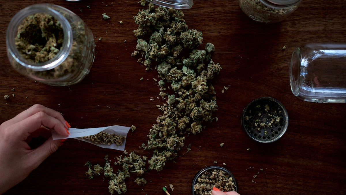 Woman rolling a nine realms cannabis joint on the table