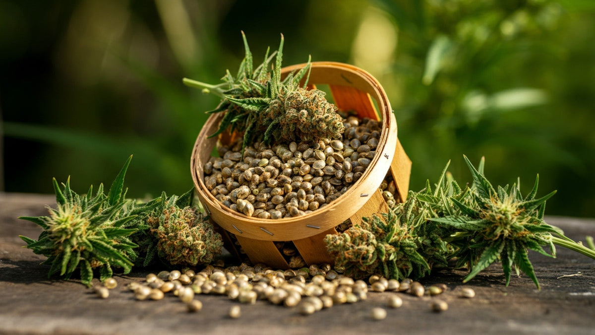 a wooden basket full of nine realms cannabis seeds in the nature