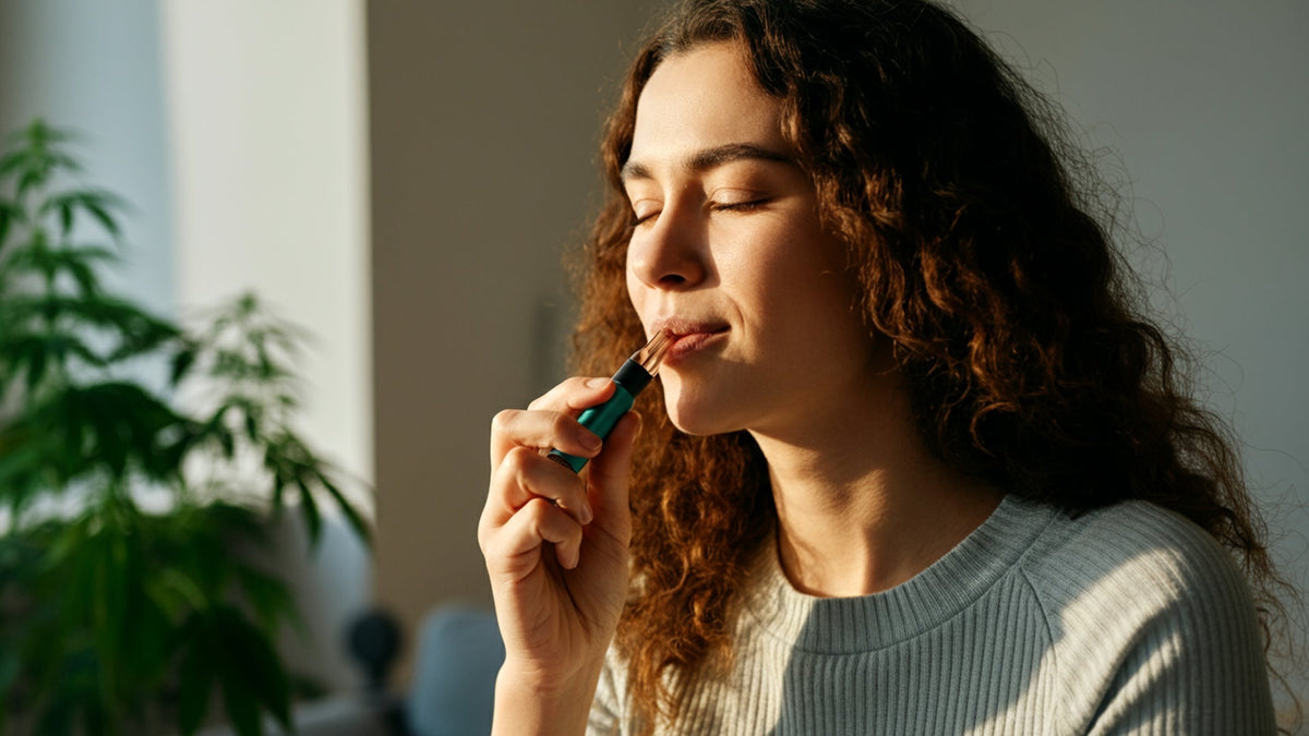 woman inhaling a nine realms cannabis vape in the living room