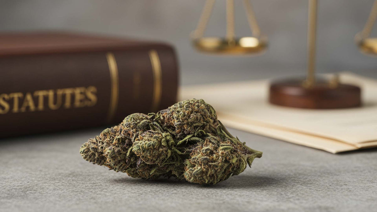 Nine Realms CB9 cannabis flower on a grey fabric with a law book in the background