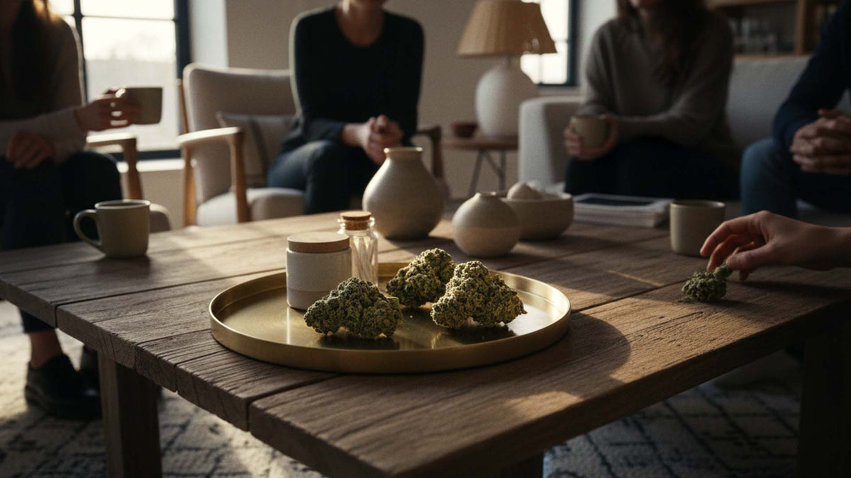 Nine Realms CB9 hemp flower  on a metal rolling tray in a living room