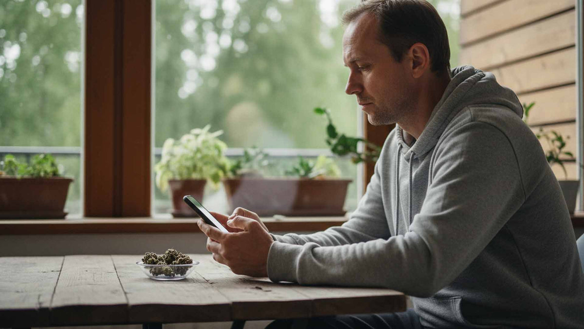 Man looking at his phone with Nine Realms CBDX flower in front of him