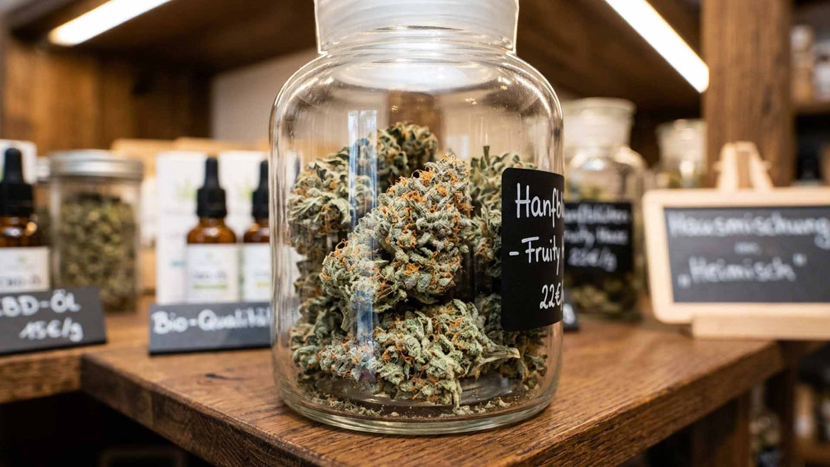 CBG9 cannabis flower buds from Nine Realms in a glass jar on a wooden shelf