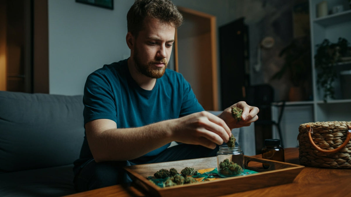 nine realms customer mixing cannabis flower in the living room