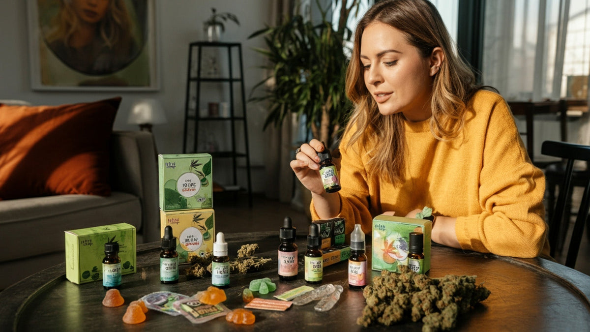 Woman looking at nine realms cannabis products in the living room on the table