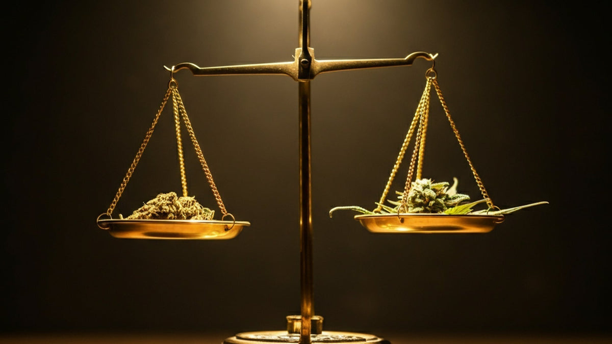 nine realms 10-oh-hhc and delta-9 thc cannabis on scales in dark room