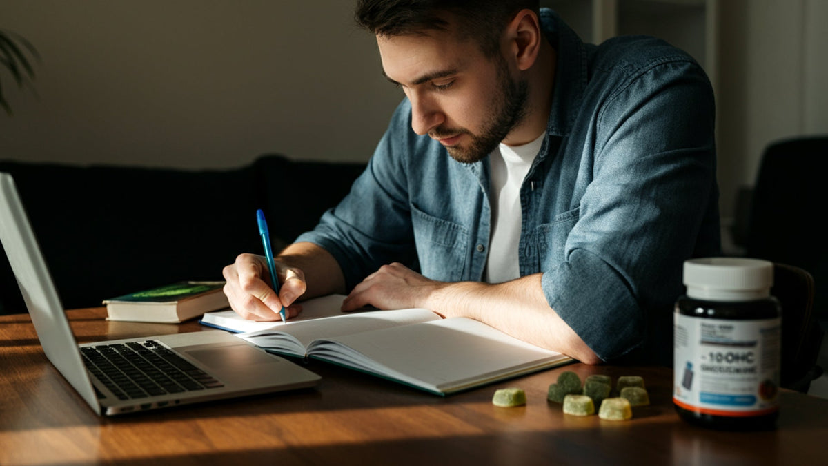 Nine realms customer studying with 10-OH-HHC gummies