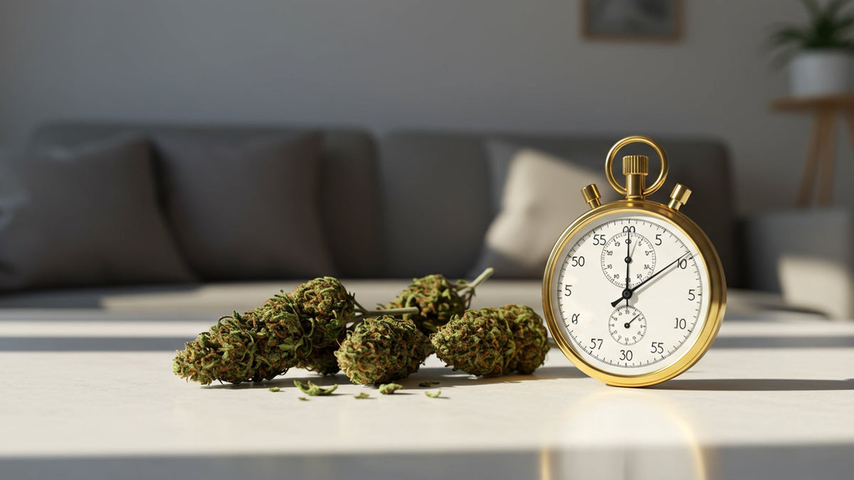 Nine realms 10-oh-hhc cannabis flower on the table with a golden stopwatch next to it