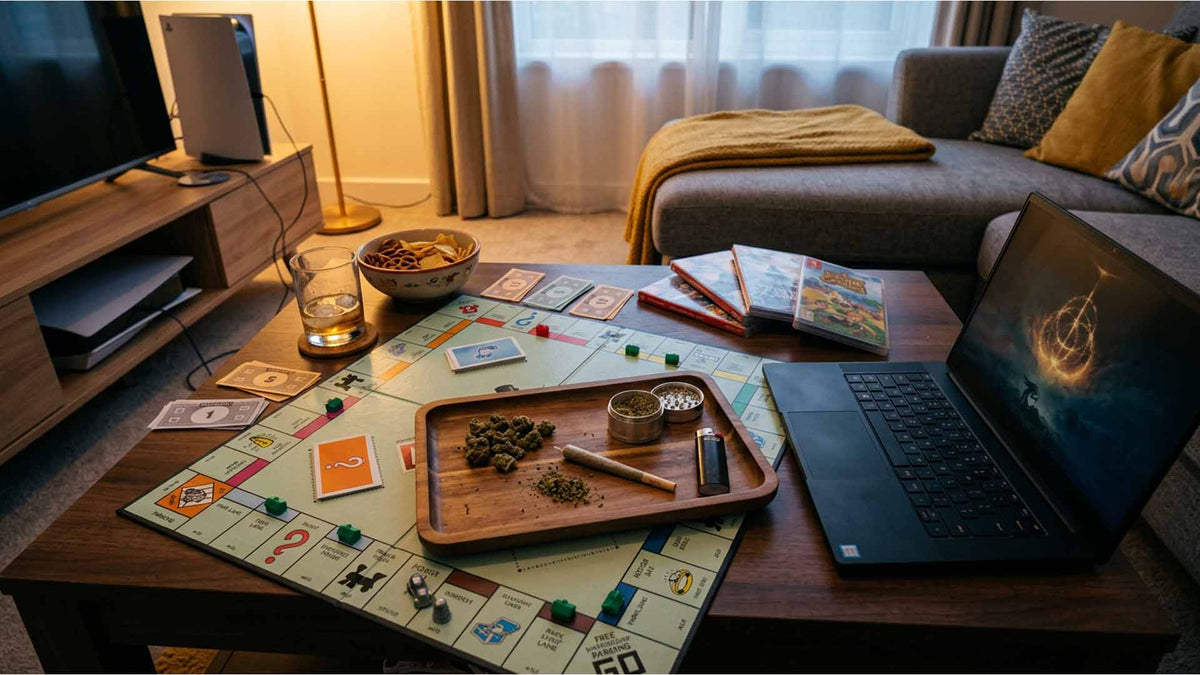 Nine Realms chill room with things to do when high on a wooden coffee table, board games, video games, and snacks