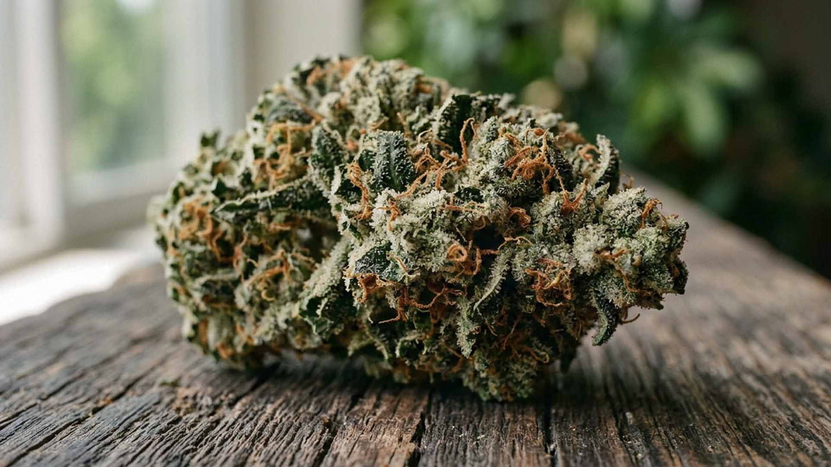 Nine Realms Gorilla Glue Strain bud on a wooden shelf