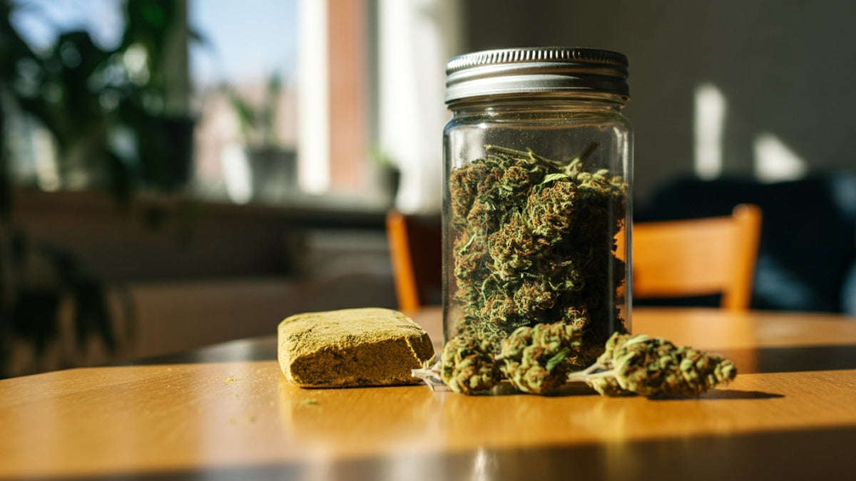 a block of nine realms hash a a jar of cannabis flower on the table in the living room