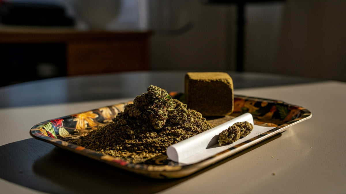 Nine realms cannabis hash on a rolling tray with rolling papers in the living room