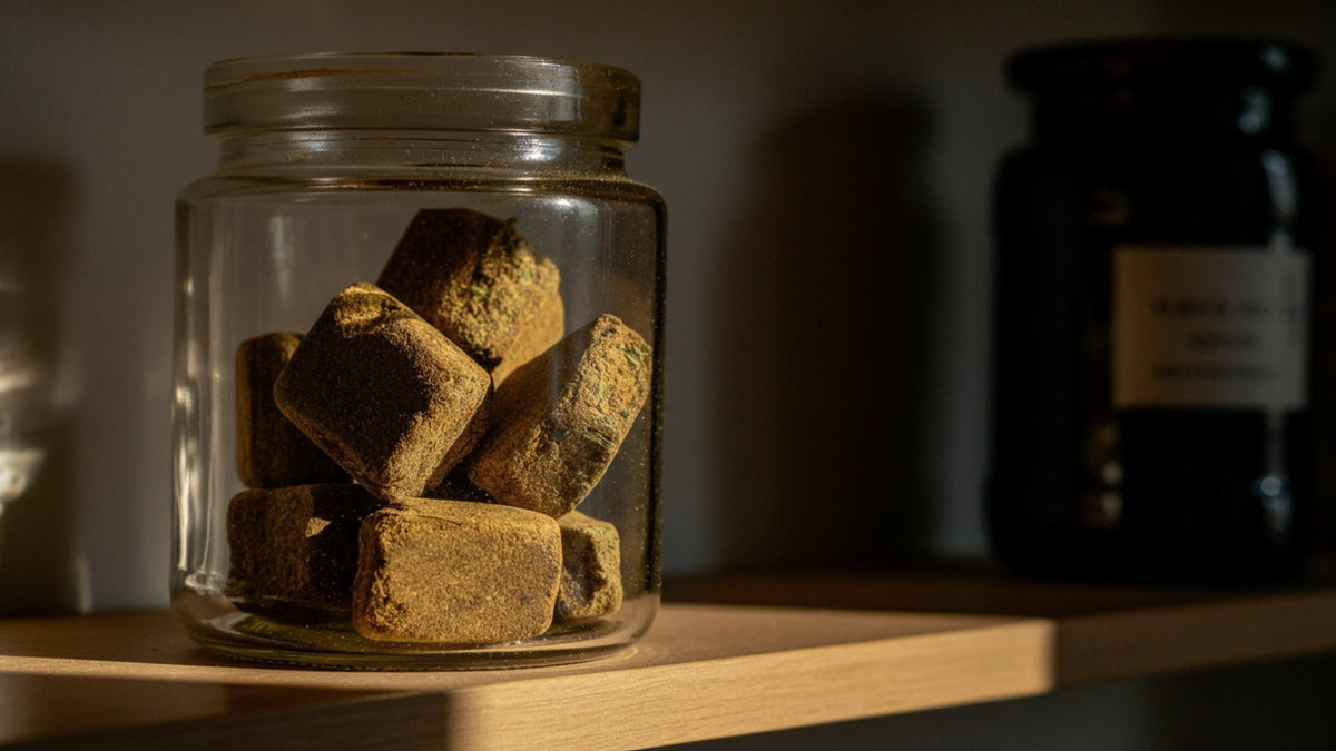 nine realms hash blocks in a glass jar on a shelf