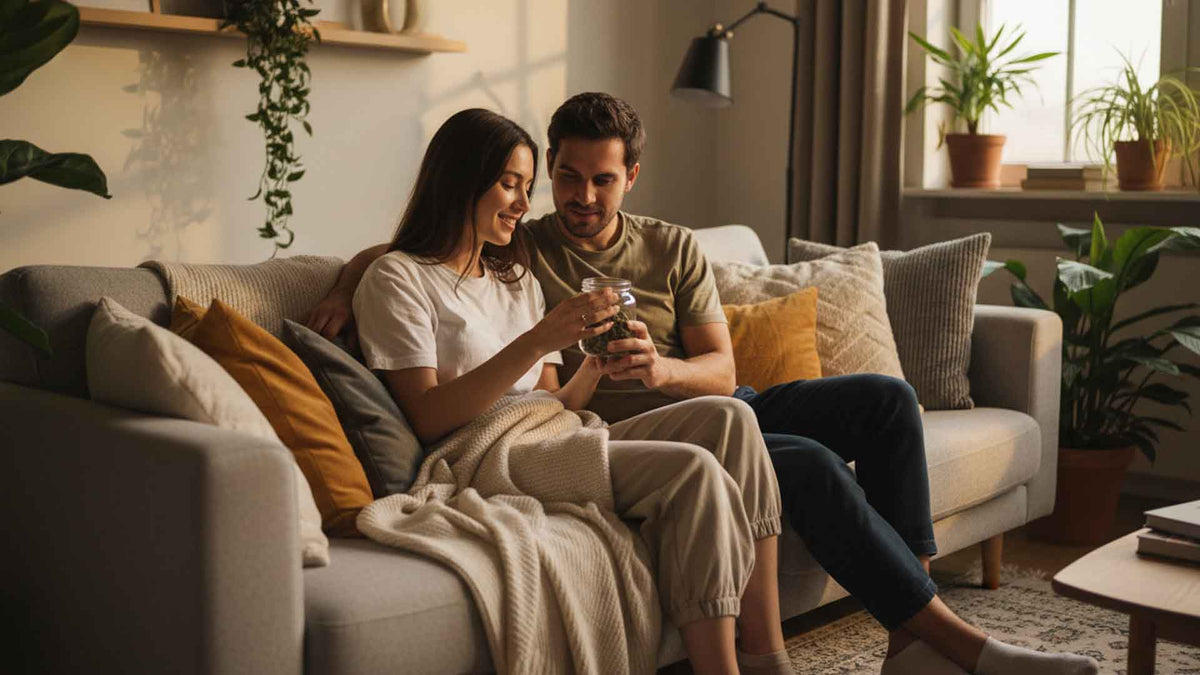 a young couple holding. a glass jar full of Nine Realms HHC-A flower, in the living room