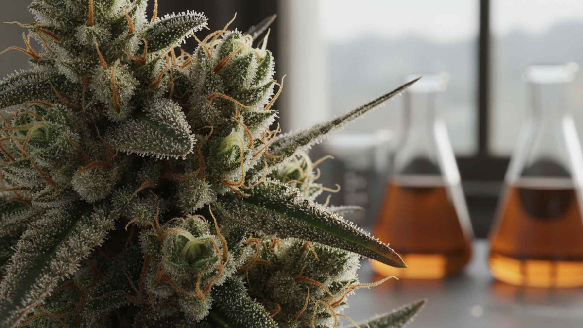 a close up of Nine Realms HHC-A cannabis flower in a lab