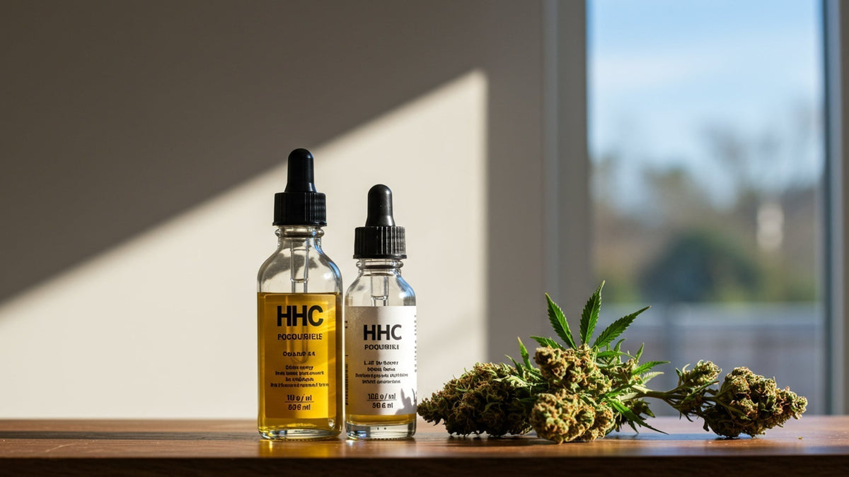 Nine Realms HHC liquid bottles on a shelf with cannabis flower buds next to it