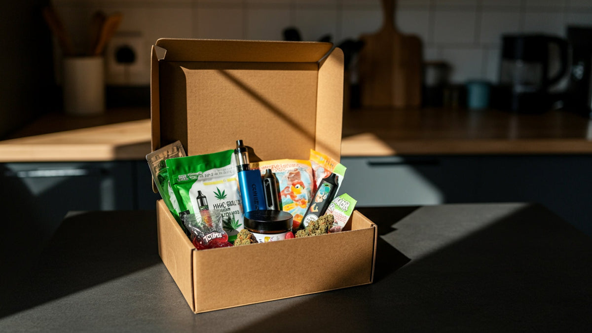a box full of nine realms hhc products on the kitchen counter