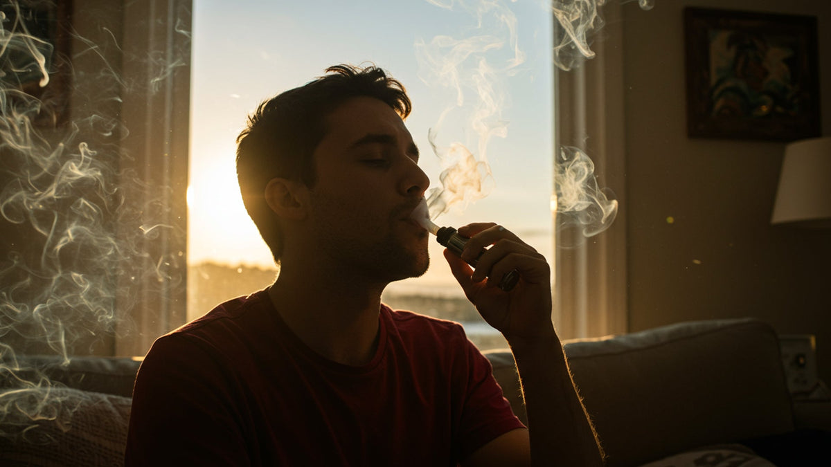 man using a nine realms 10-oh-hhcp vaporizer in his living room