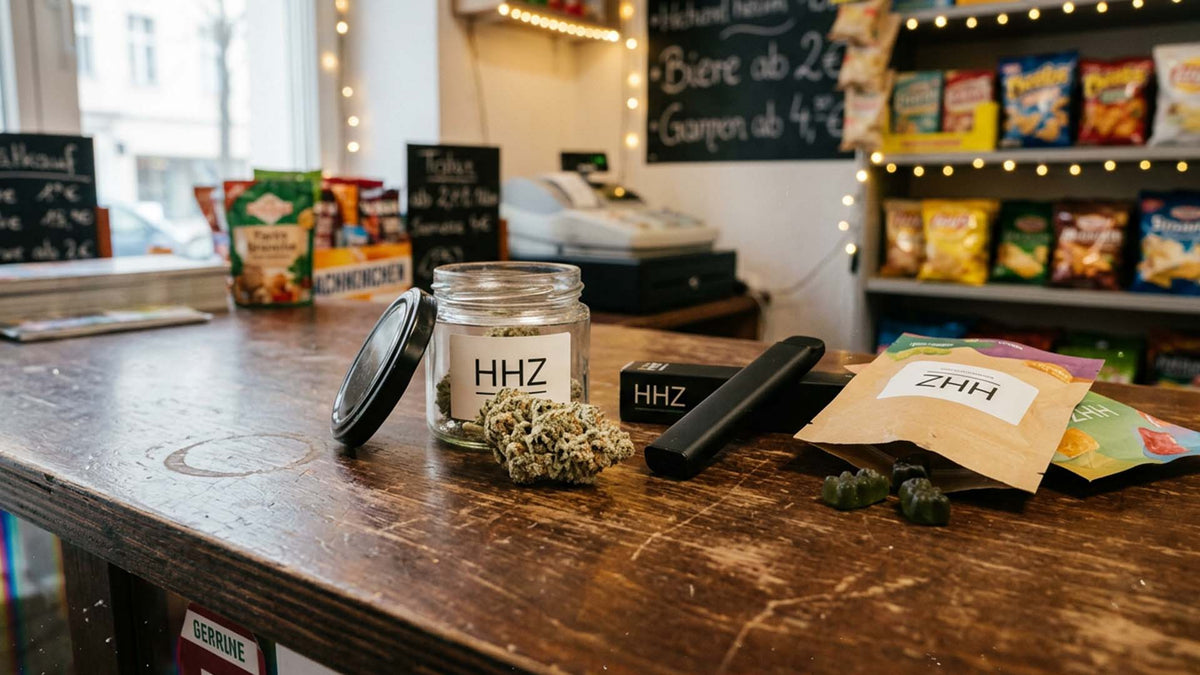 HHZ cannabinoid products at a German corner store on the wooden table taken by Nine Realms employee