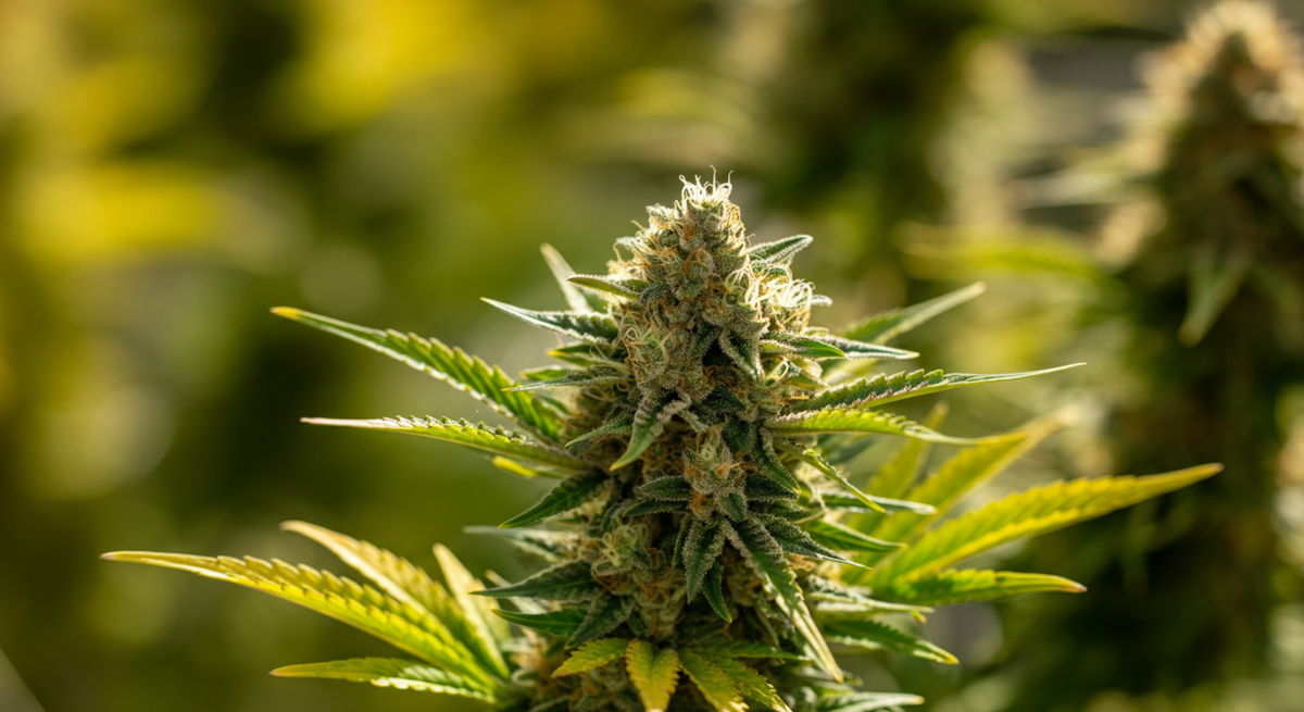 nine realms cannabis flower buds in a sunny farm