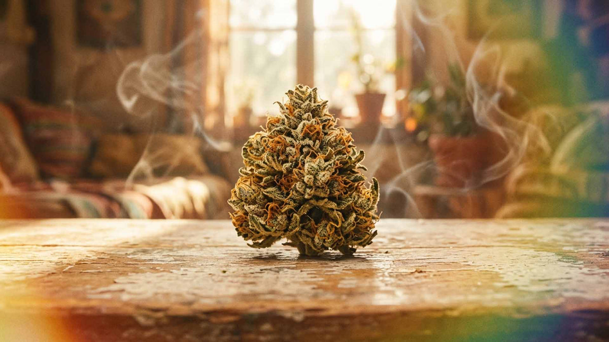 Jack herer cannabis strain bud on a wooden table in Nine Realms office