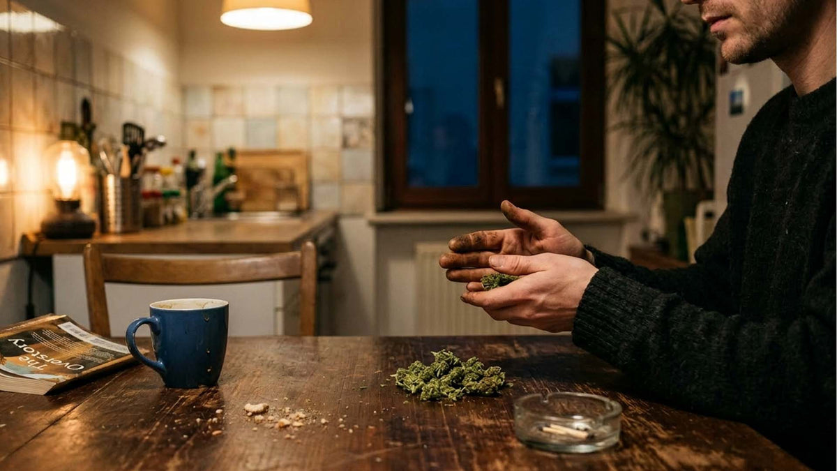 Nine Realms customer learning how to make charas hash in the kitchen on a wooden table