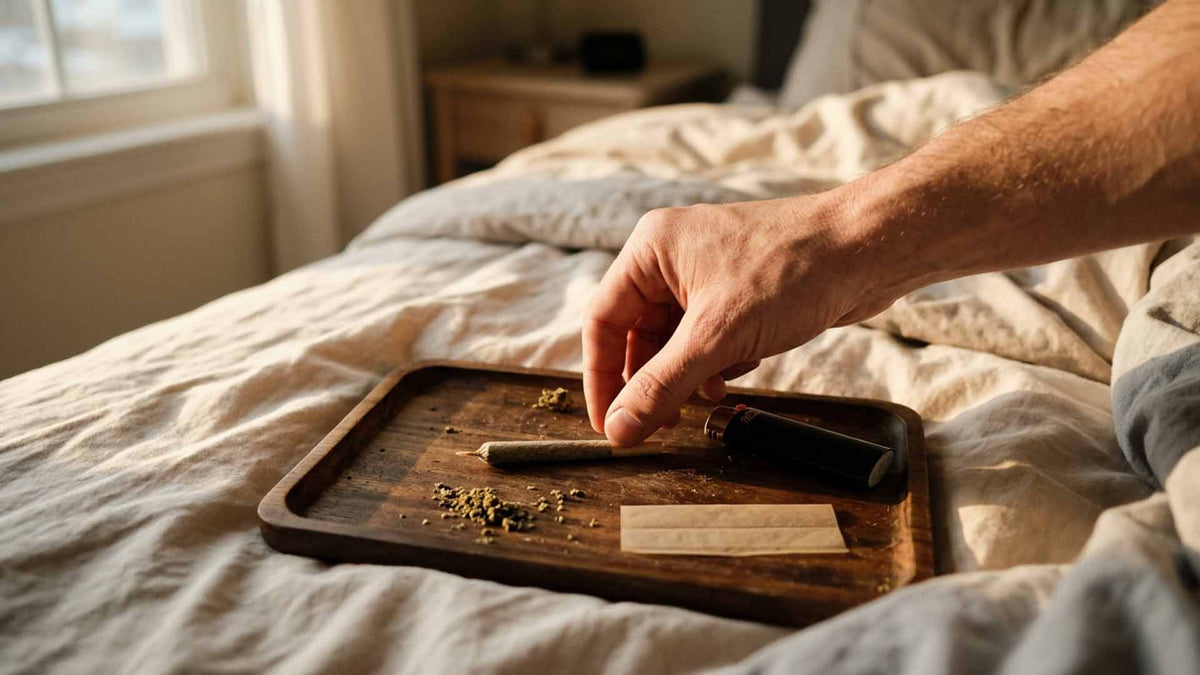 Nine Realms customer in the bedroom reaching for a wake and bake joint on a rolling tray