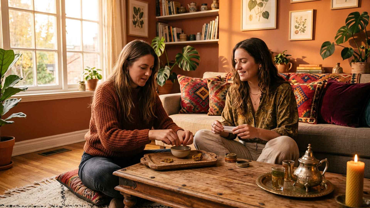 Nine Realms customers in the living room preparing Beldia Hash