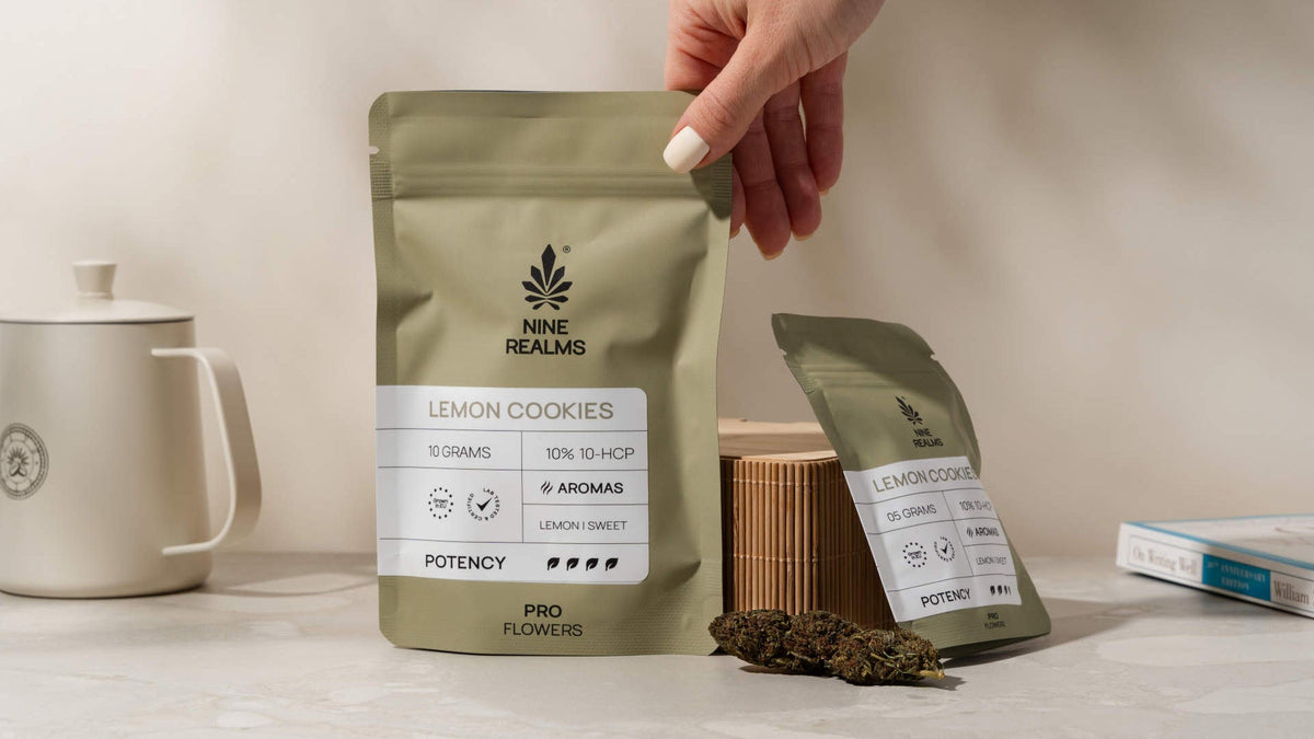 Nine Realms Lemon Cookies strain flowers in 10 gram and 5 gram packaging