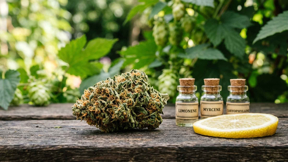 Nine Realms Lemon Haze flower bud on a wooden stool in nature next to a slice of lemon and terpene glass bottles