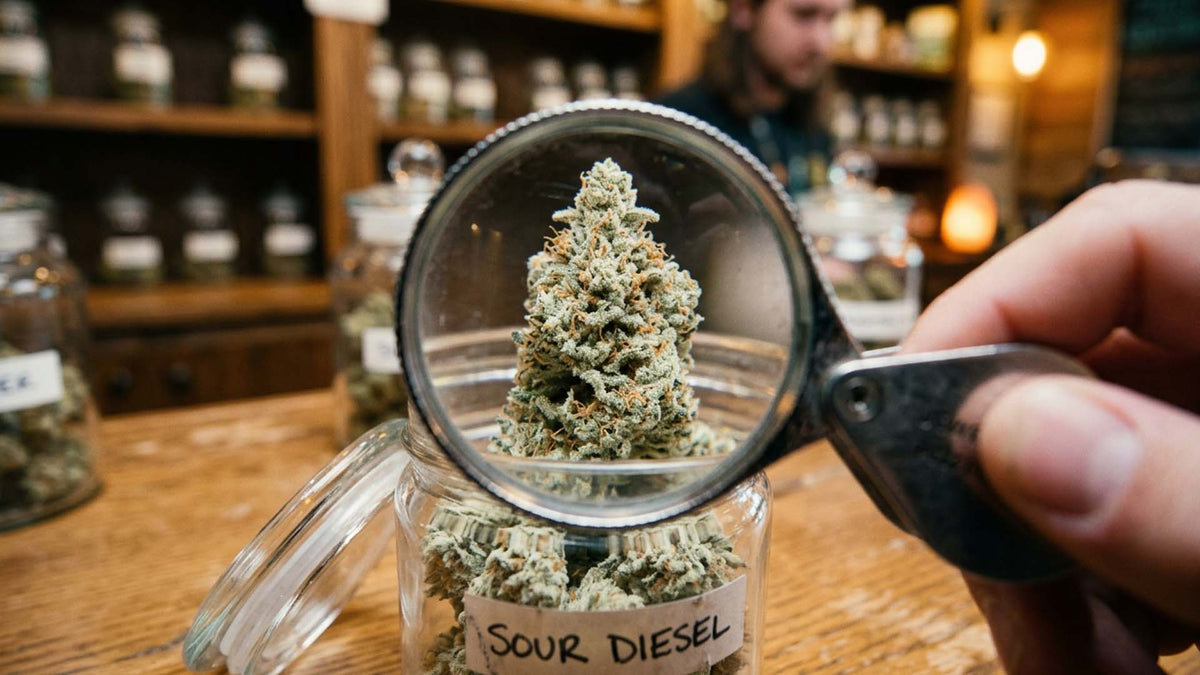 Nine Realms Sour Diesel Strain under a magnifying glass